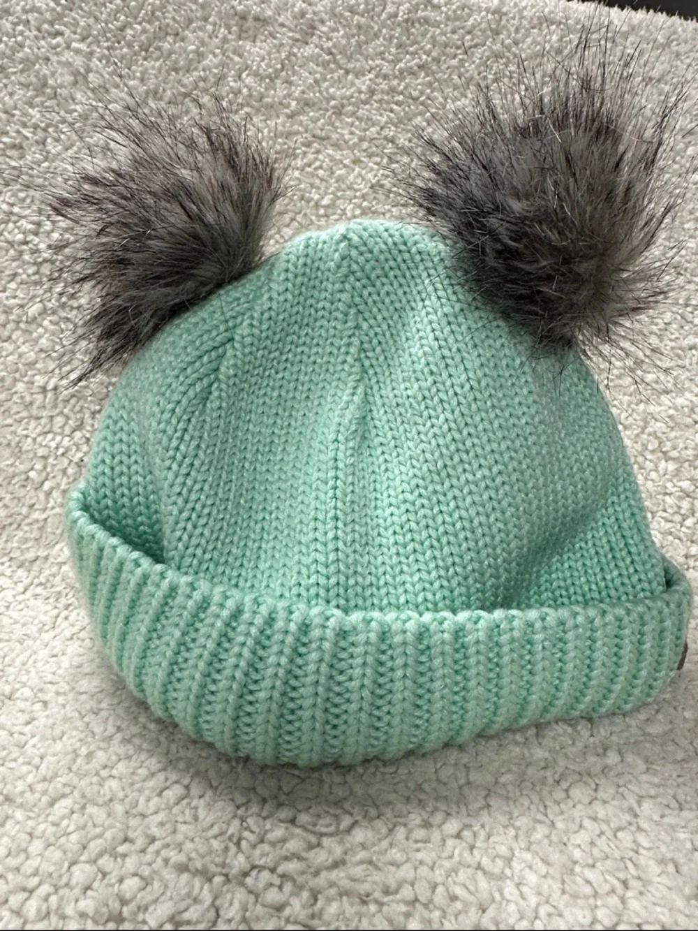 Columbia Mint Green Knit Beanie with Double Faux Fur Pompoms Youth One Size